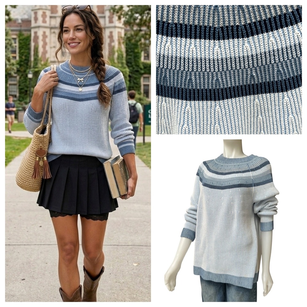 Lands' End Drifter Shaker Knit Sweater 1X‎ Blue Striped Cotton Preppy Coastal